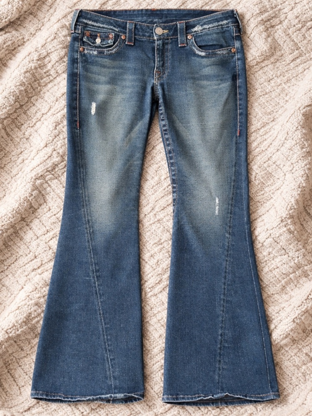 True Religion Low-Rise Blue Flare Jeans with Subtle Distressing Size 31